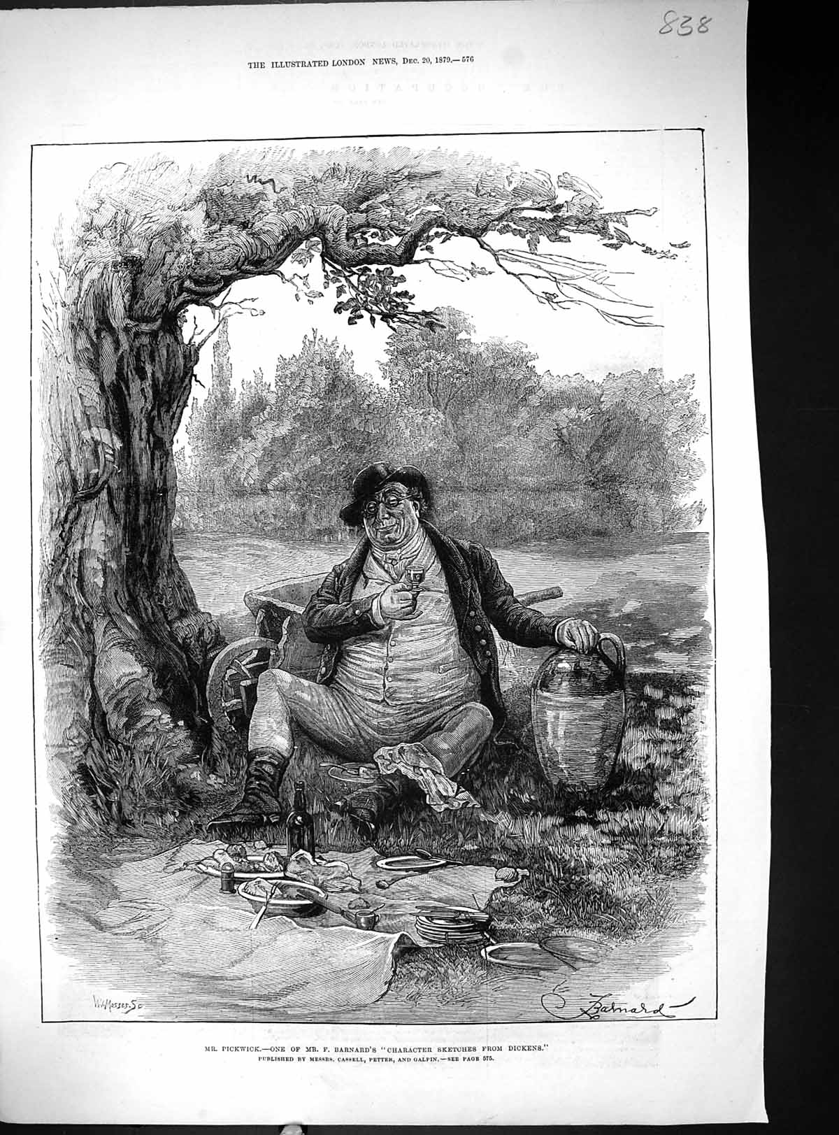 Old Print 1879 Mr Pickwick Picnic Basket River Barnard Character Dickens 19th