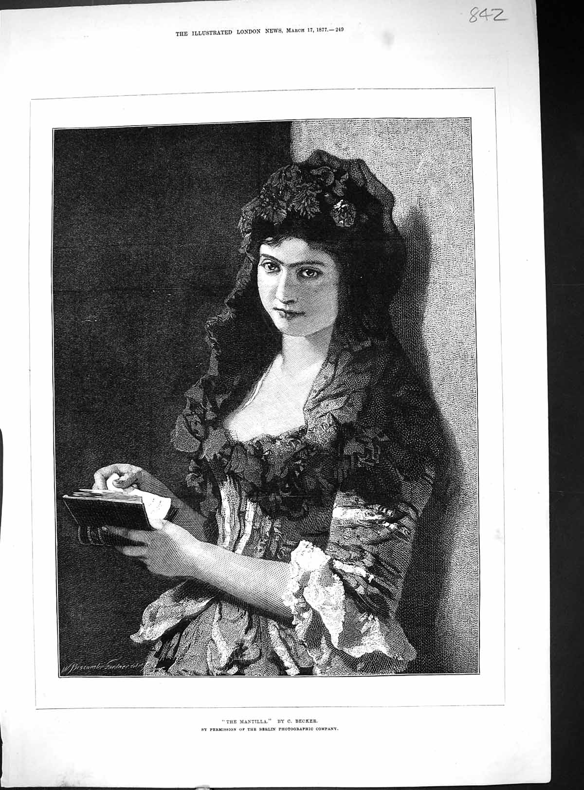 Old Antique Print Beautiful Woman The Mantilla Reading Book Becker 1877 19th