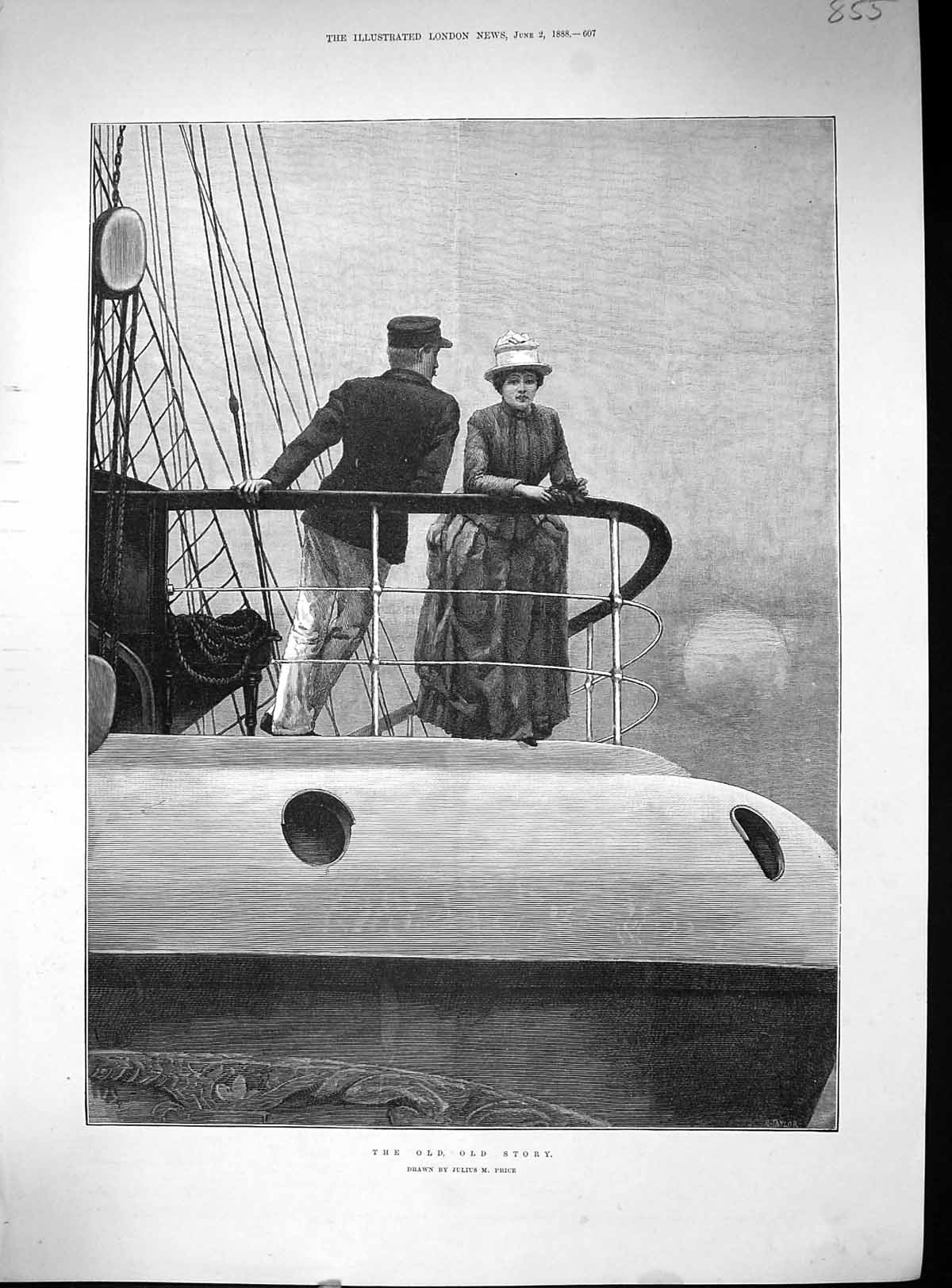 Original Old Antique Print 1888 Story Man Lady Ship Deck Romance Julius Price
