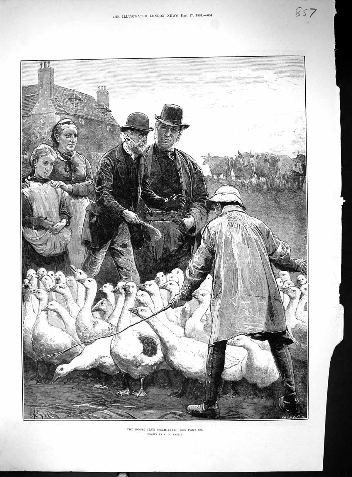 Old Antique Print Goose Club Committee Farm Sale Birds Cows 1881 Emslie 19th