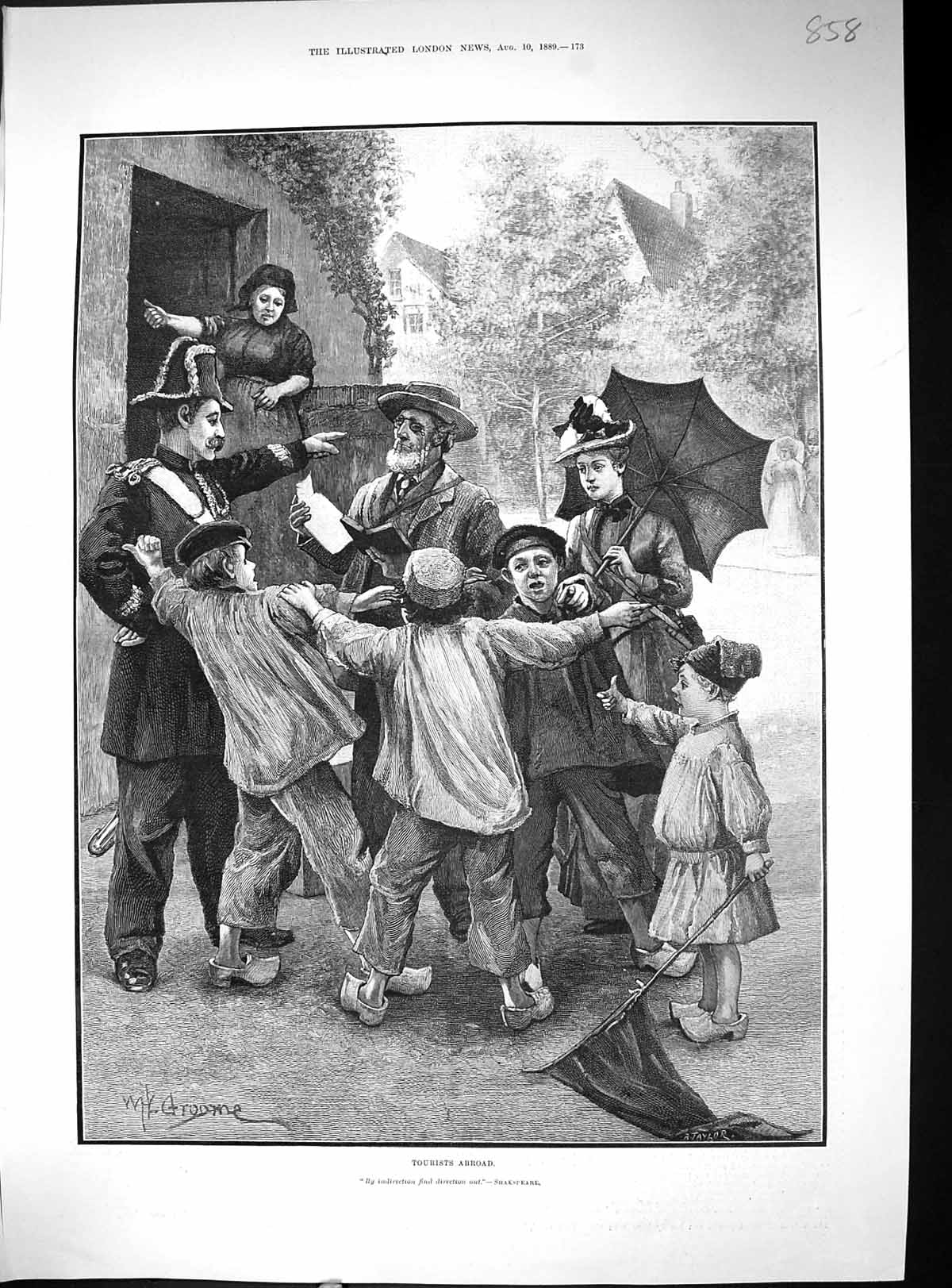 Antique Print 1889 Tourists Abroad Clogs Holland Police Man Umbrella Street