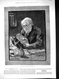 Original Old Antique Print Man Cleaning Clock New Year Timepiece 1882 Victorian