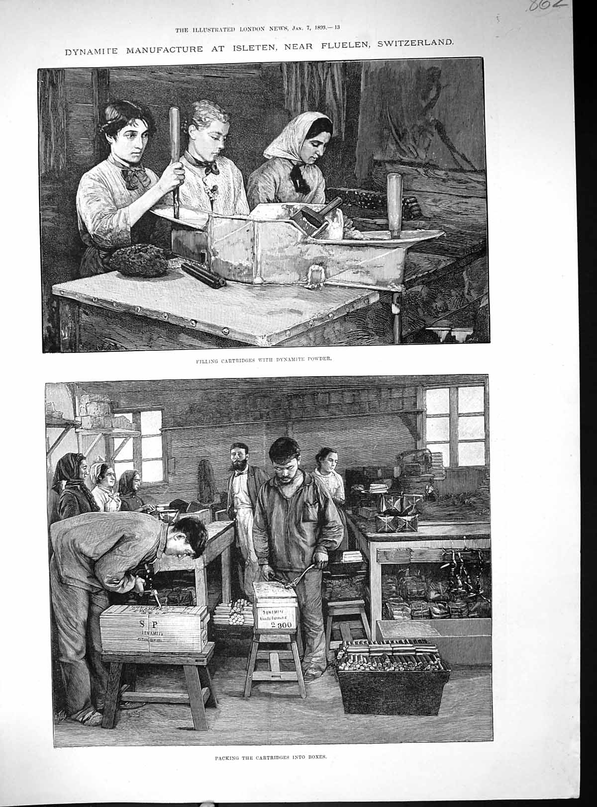 Old Print 1893 Dynamite Manufacture Fluelen Switzerland Cartridges Powder 19th