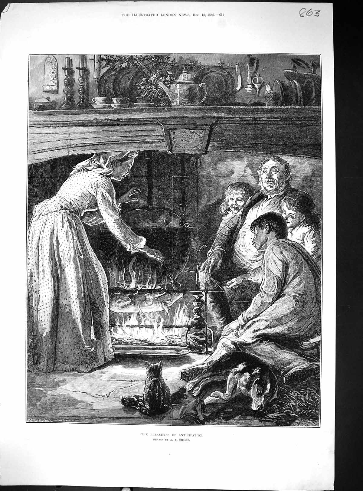 Old Print 1880 Pleasures Anticipation Family Home Cooking Pig Fire Emslie 19th