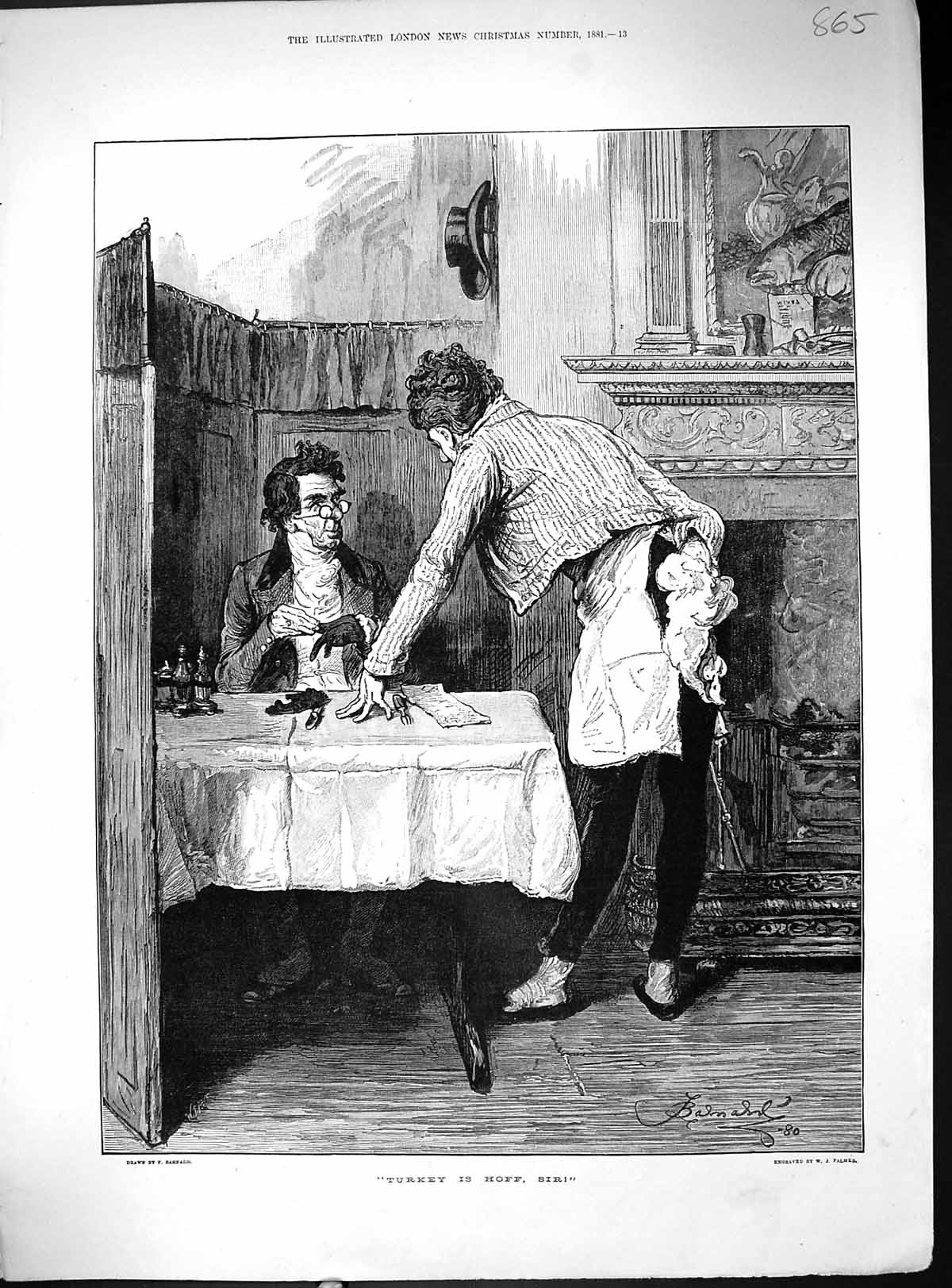 Antique Old Print Turkey Hiff Sir No Dinner Table Waitor 1881 Barnard Palmer