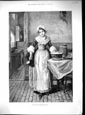 Antique Old Print 1893 Beautiful Lady Cook Come For Christmas Pudding Storey