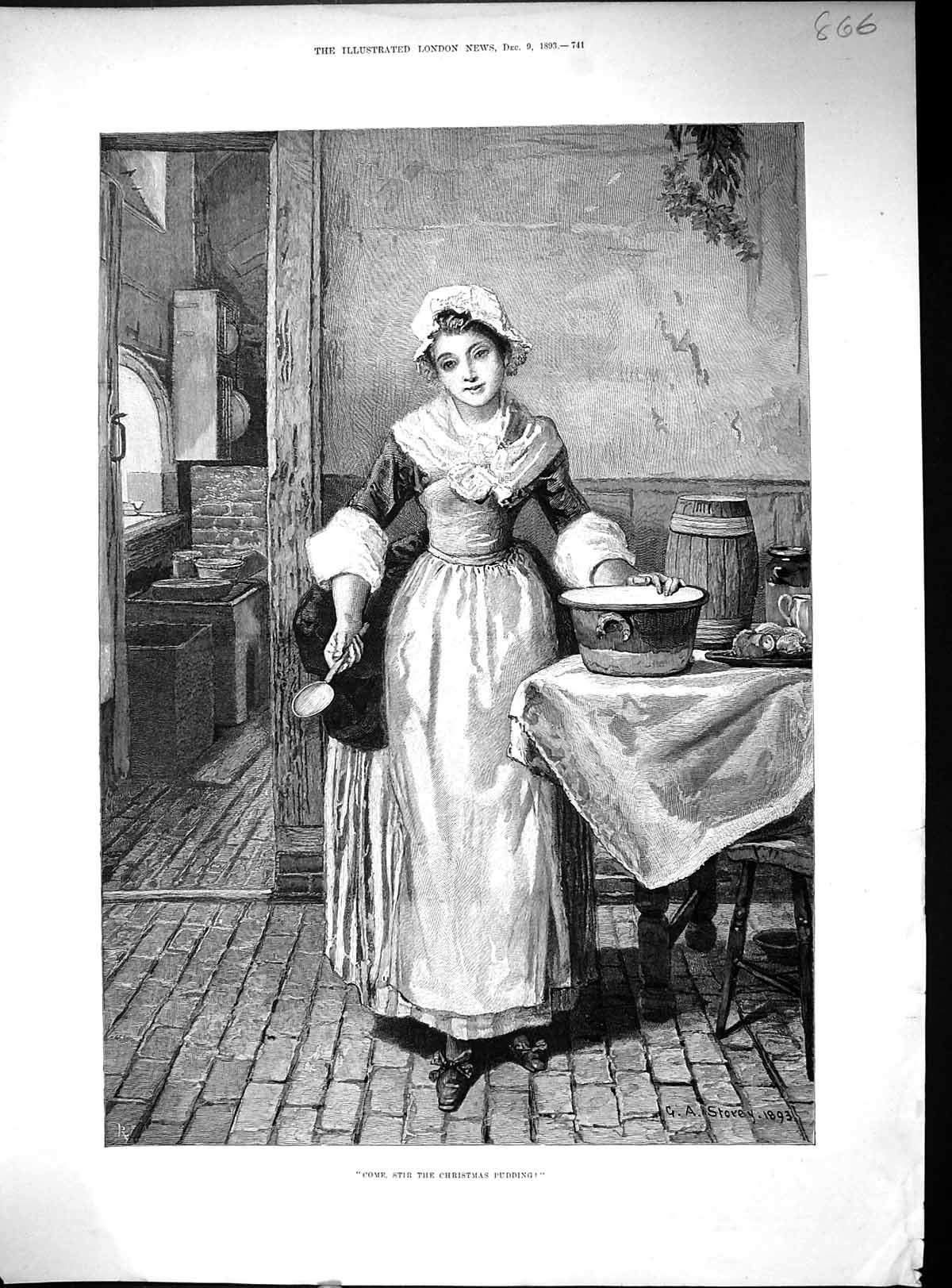 Antique Old Print 1893 Beautiful Lady Cook Come For Christmas Pudding Storey