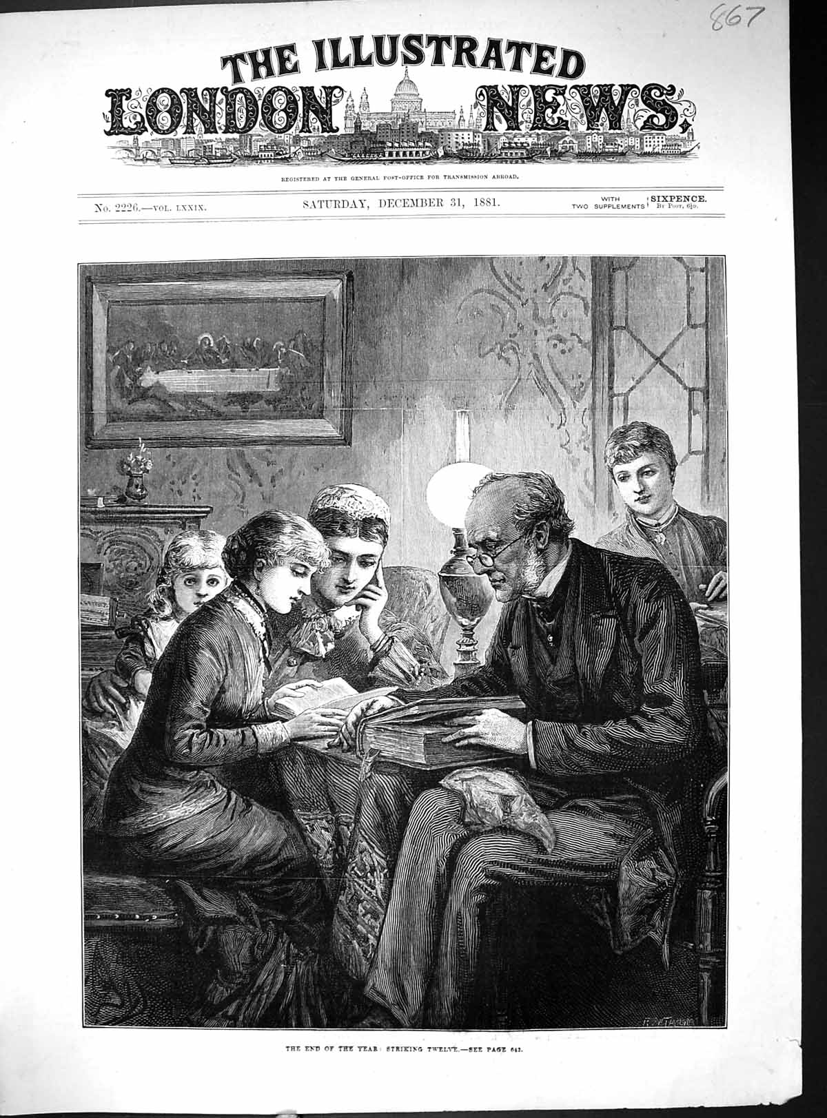 Old Print End Year Eve Clock Striking Twelve Family Man Reading Book 1881 19th