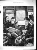 Antique Print 1881 Christmas Journey Railway Train Carriage Family Knitting