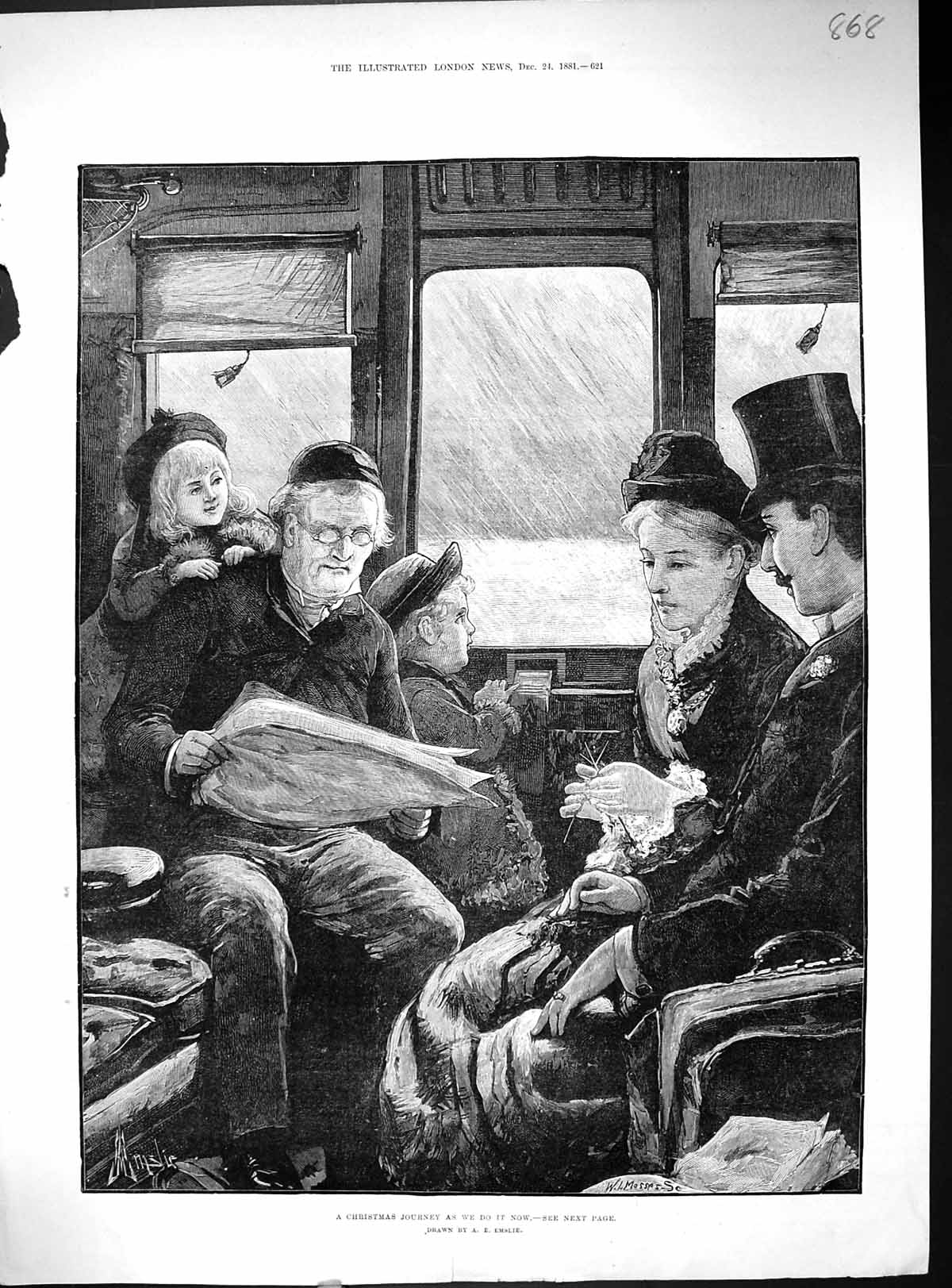 Antique Print 1881 Christmas Journey Railway Train Carriage Family Knitting