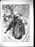 Antique Print Passing Compliment Man Lady Christmas Mistletoe Romance 1891 19th