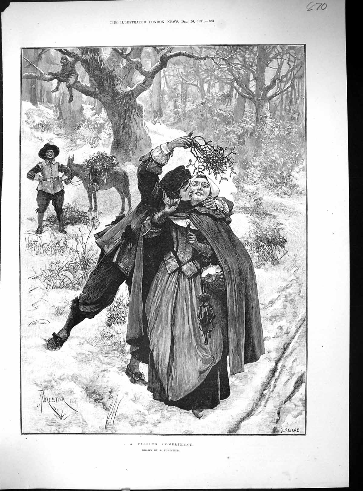 Antique Print Passing Compliment Man Lady Christmas Mistletoe Romance 1891 19th