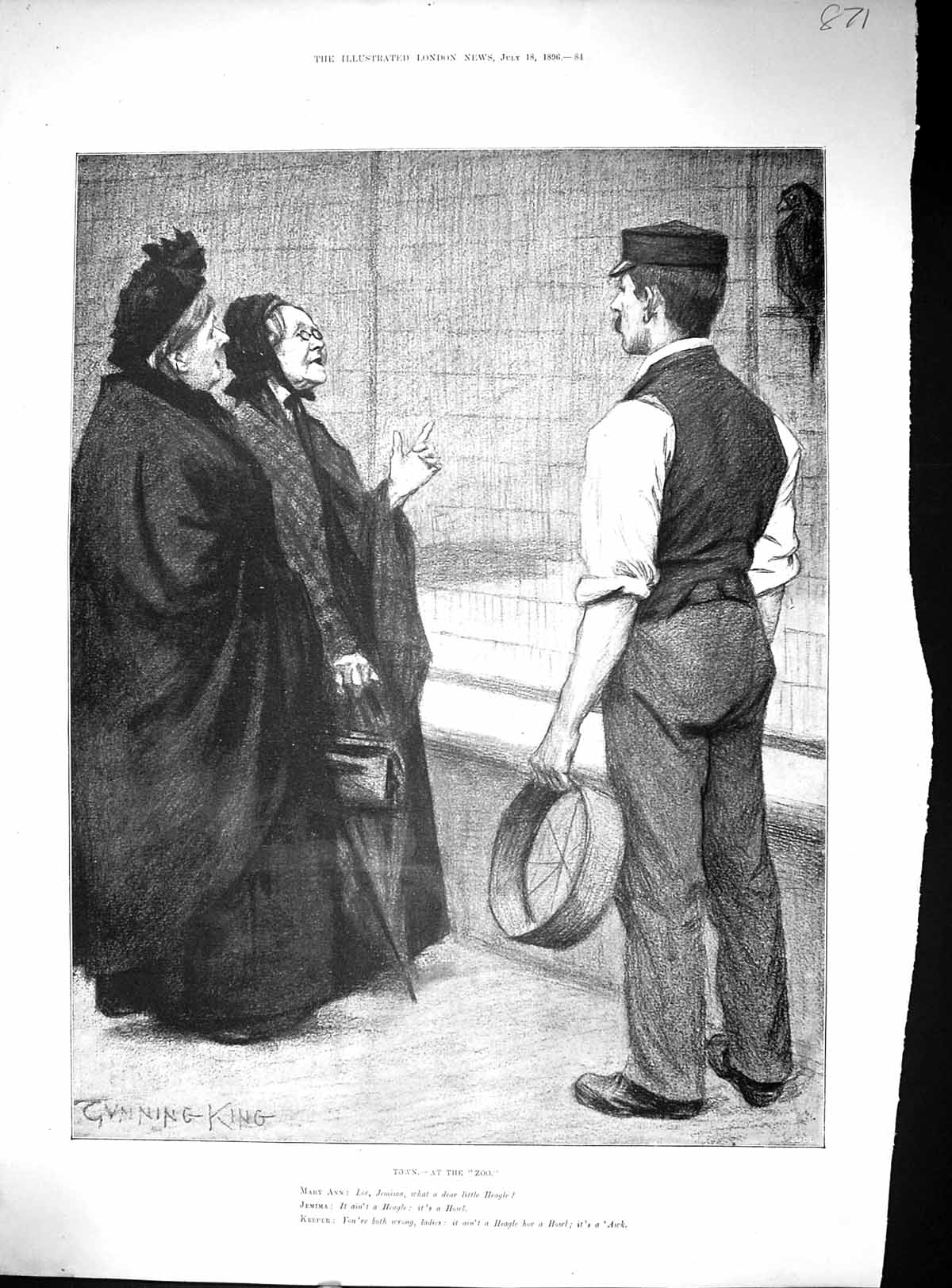 Original Old Antique Print Visitors Zoo Mary Ann Jemima Keeper Bird Cage 1896
