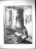 Old Print 1893 Industry Idleness Young Girl Knitting Cat Wool Family Home 19th