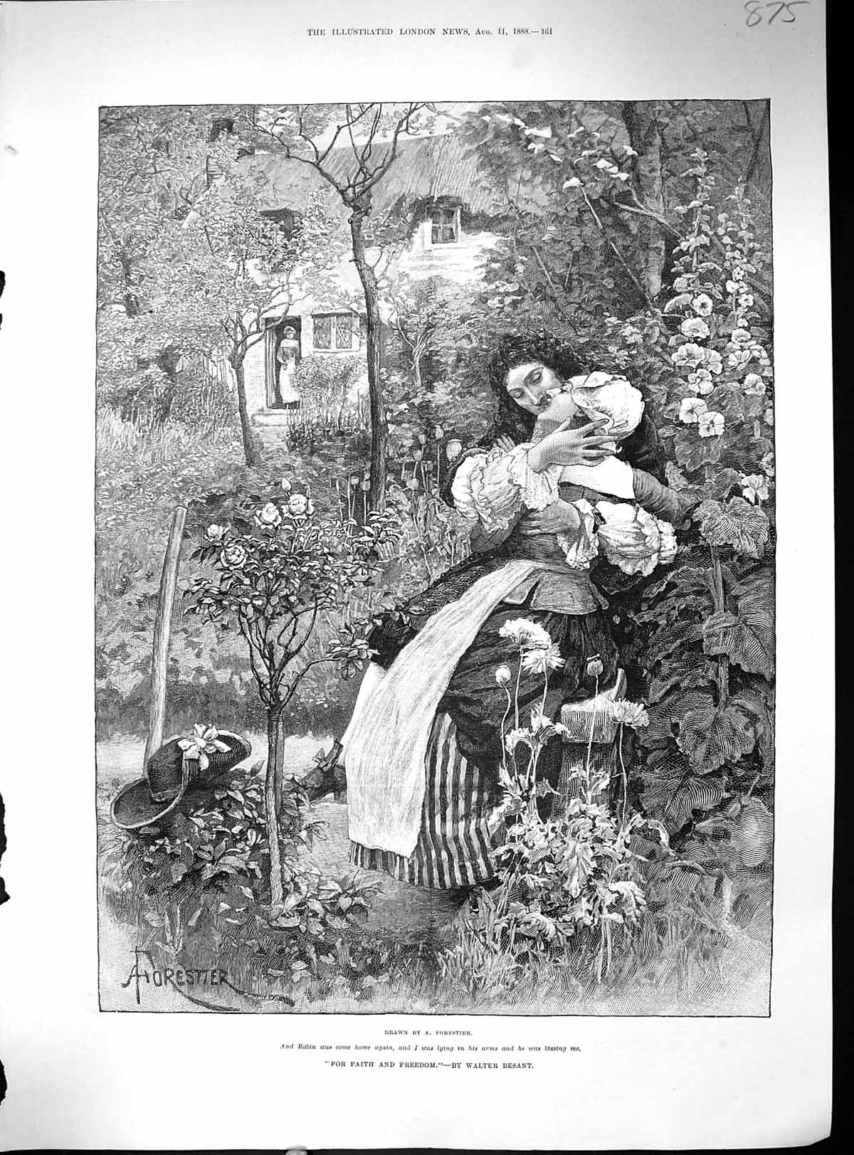 Antique Old Print Faith Freedom Man Lady Romance Kissing Garden 1888 Besant