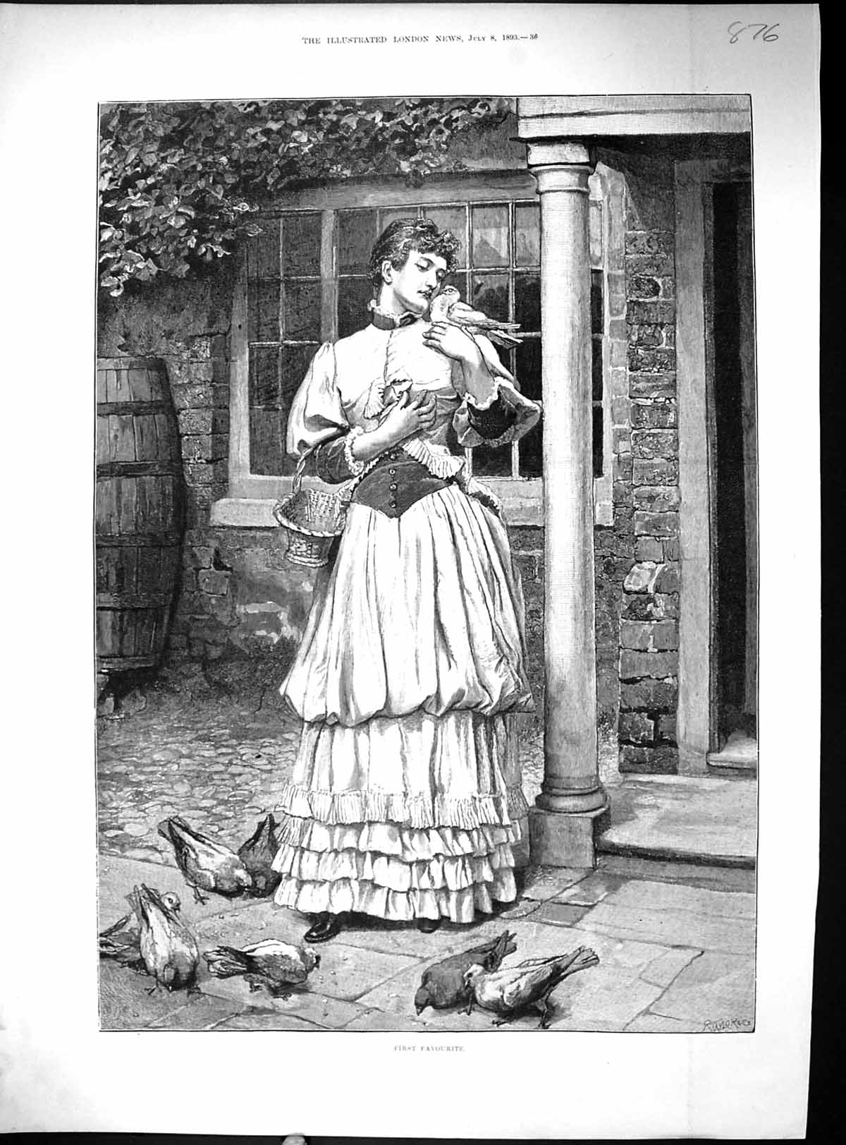 Antique Old Print Beautiful Woman Feeding Birds Pigeons First Favourite 1893