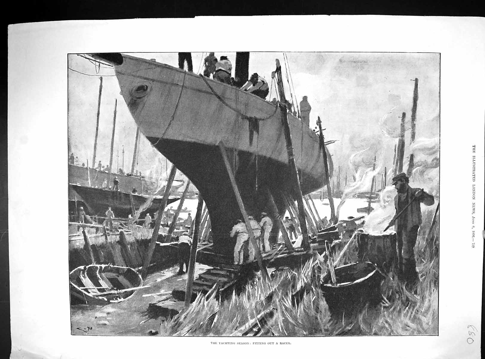 Antique Old Print 1896 Yachting Season Fitting Out Racer Sport Men Industry