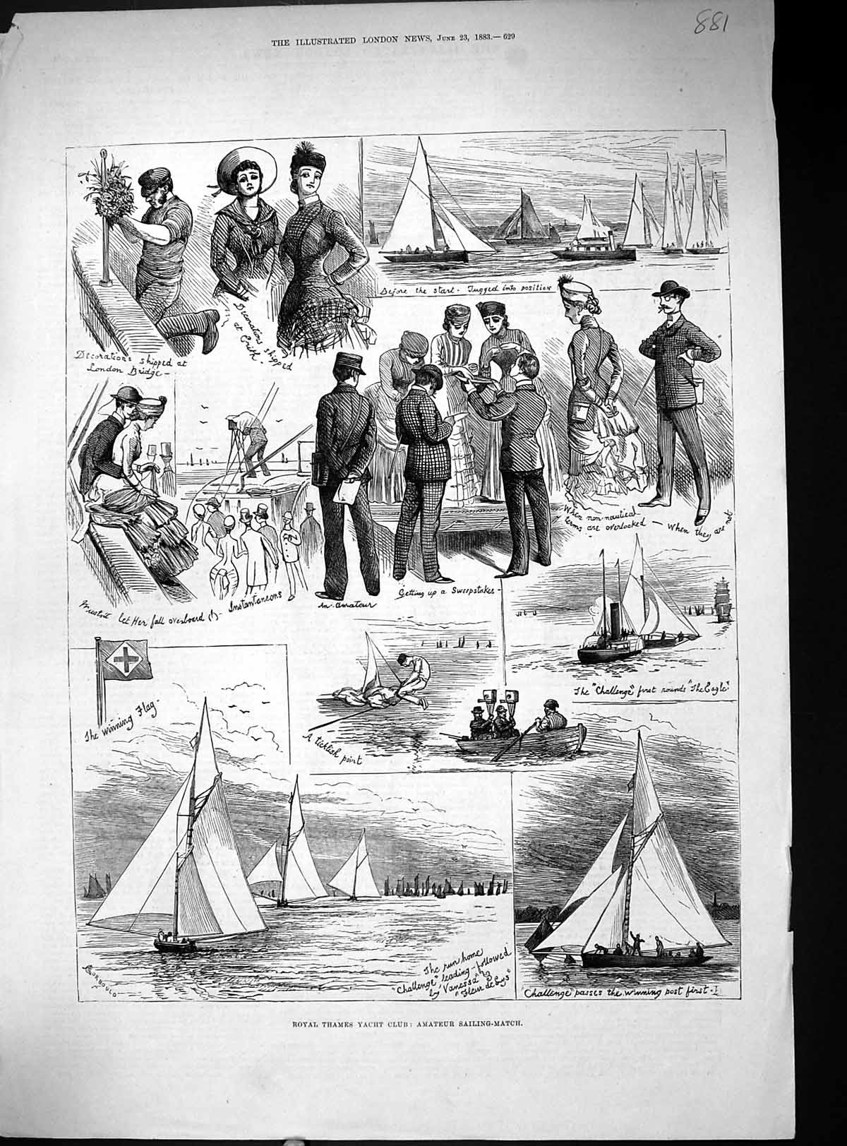 Antique Old Print Royal Thames Yacht Club Amateur Sailing Match Sport 1883 19th