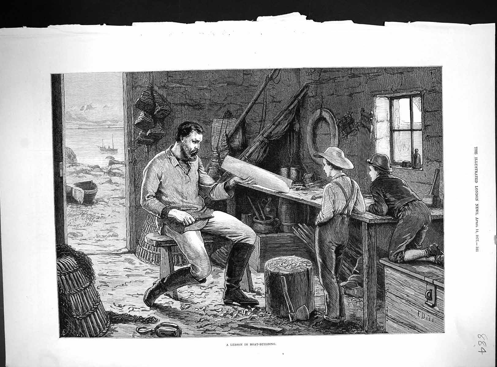 Original Old Antique Print Dadd 877 Man Boys Lesson Boat Buildings Wood-Working