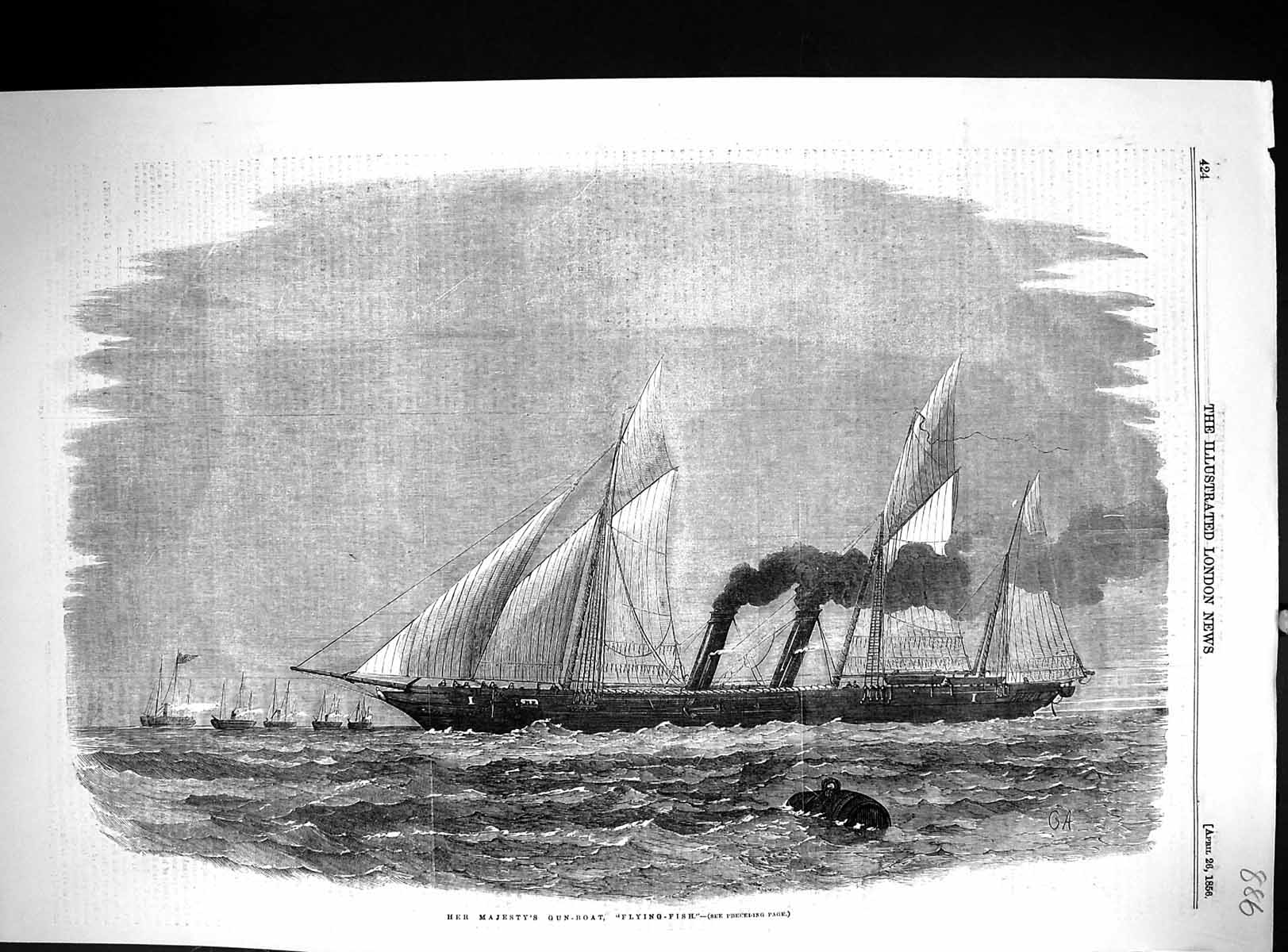 Original Old Antique Print 1856 Her Majesty Queen Gun Boat Ship Flying-Fish
