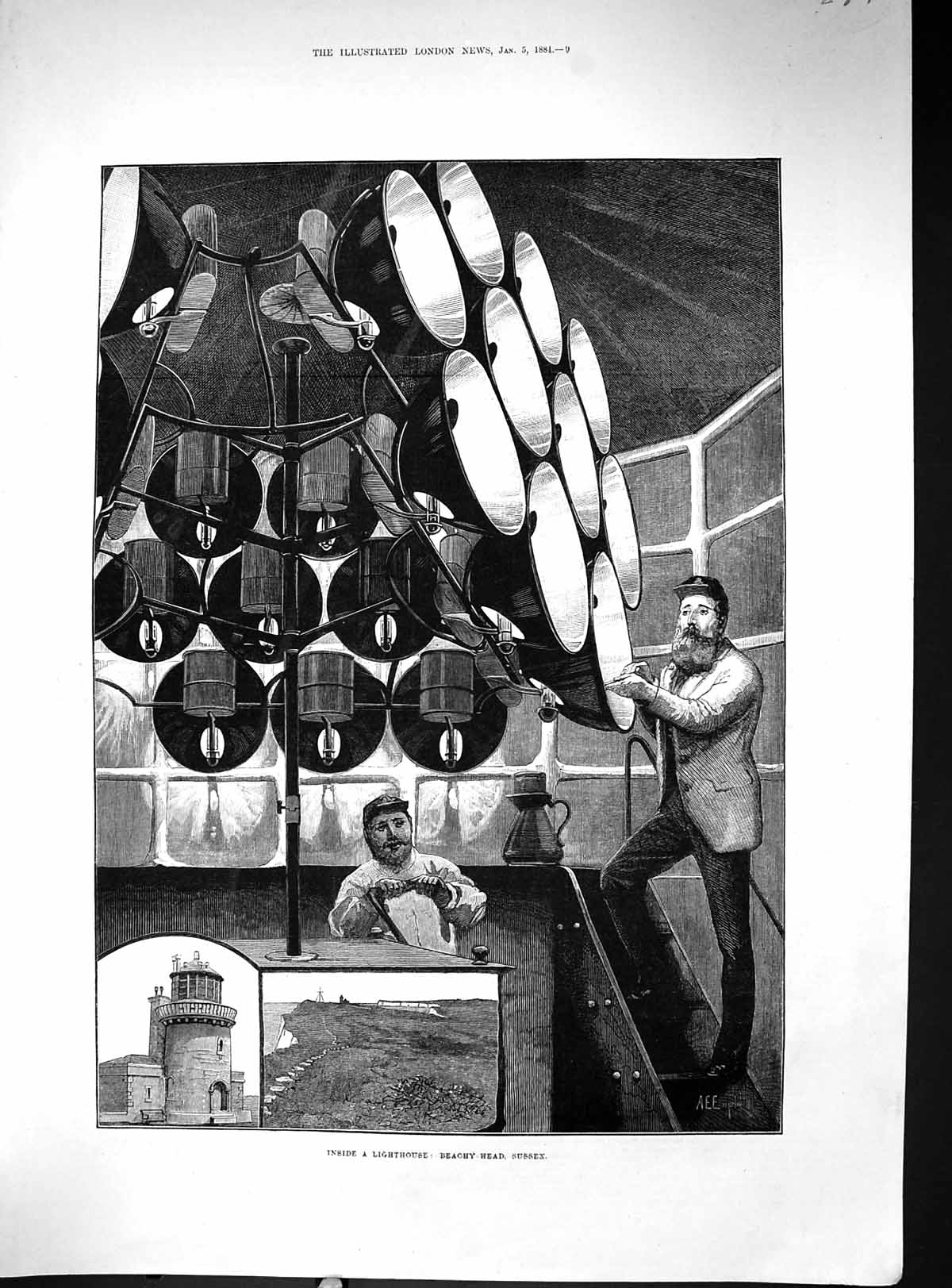 Old Print 1884 Scene Inside Lighthouse Beachy Head Sussex Cleaning Lamps 19th