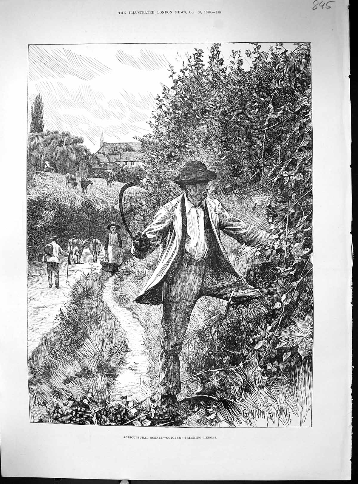 Original Old Antique Print 1886 Agriculture Scene October Man Trimming Hedges
