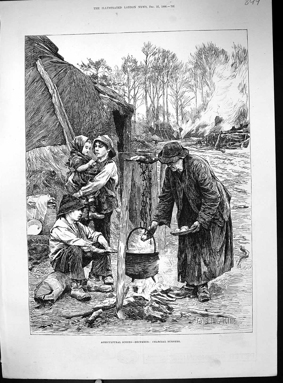 Antique Print 1886 Agriculture Scene December Charcoal Burners Family Fire 19th