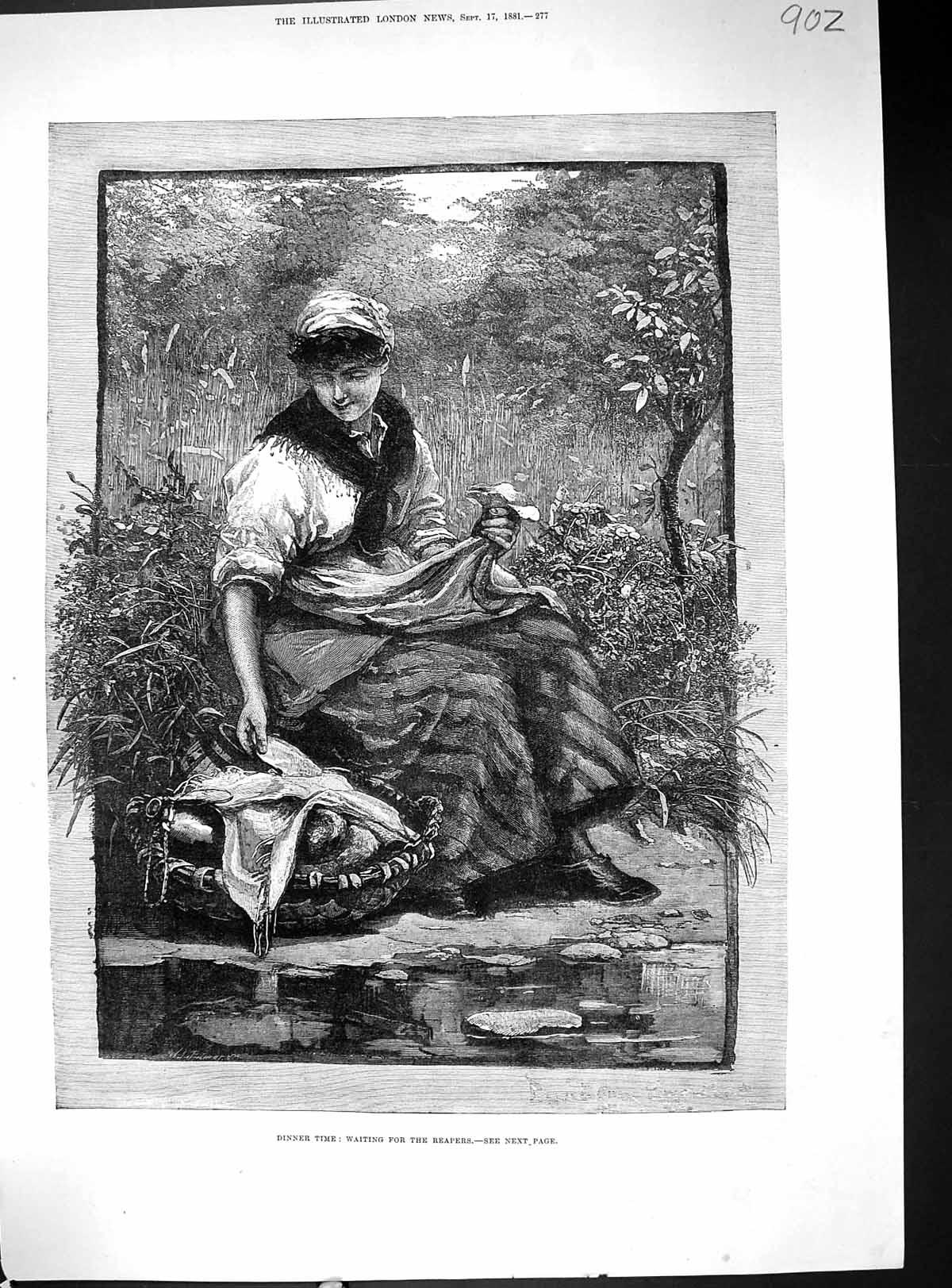 Old Print 1881 Young Woman Dinner Time Reapers Agriculture Picnic Basket 19th