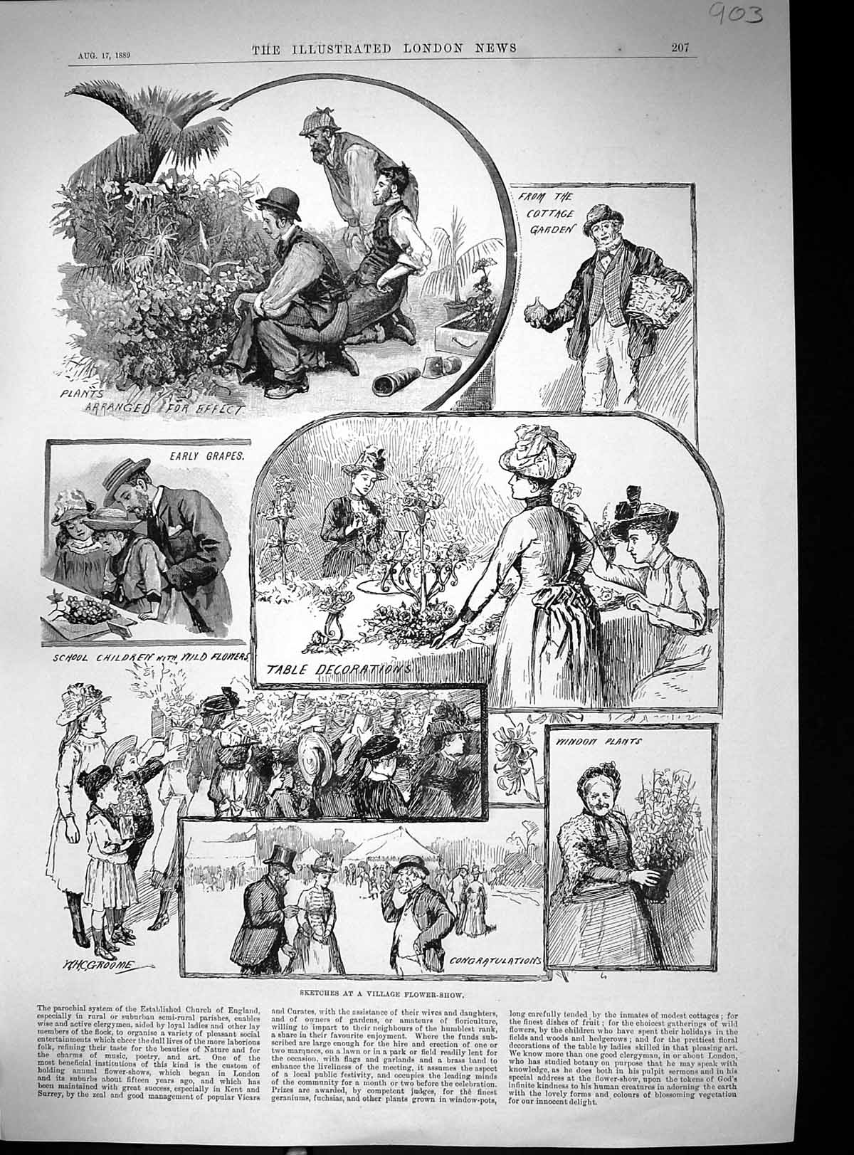 Antique Print 1889 Village Flower Show Cottage Garden Grapes Window Plants 19th