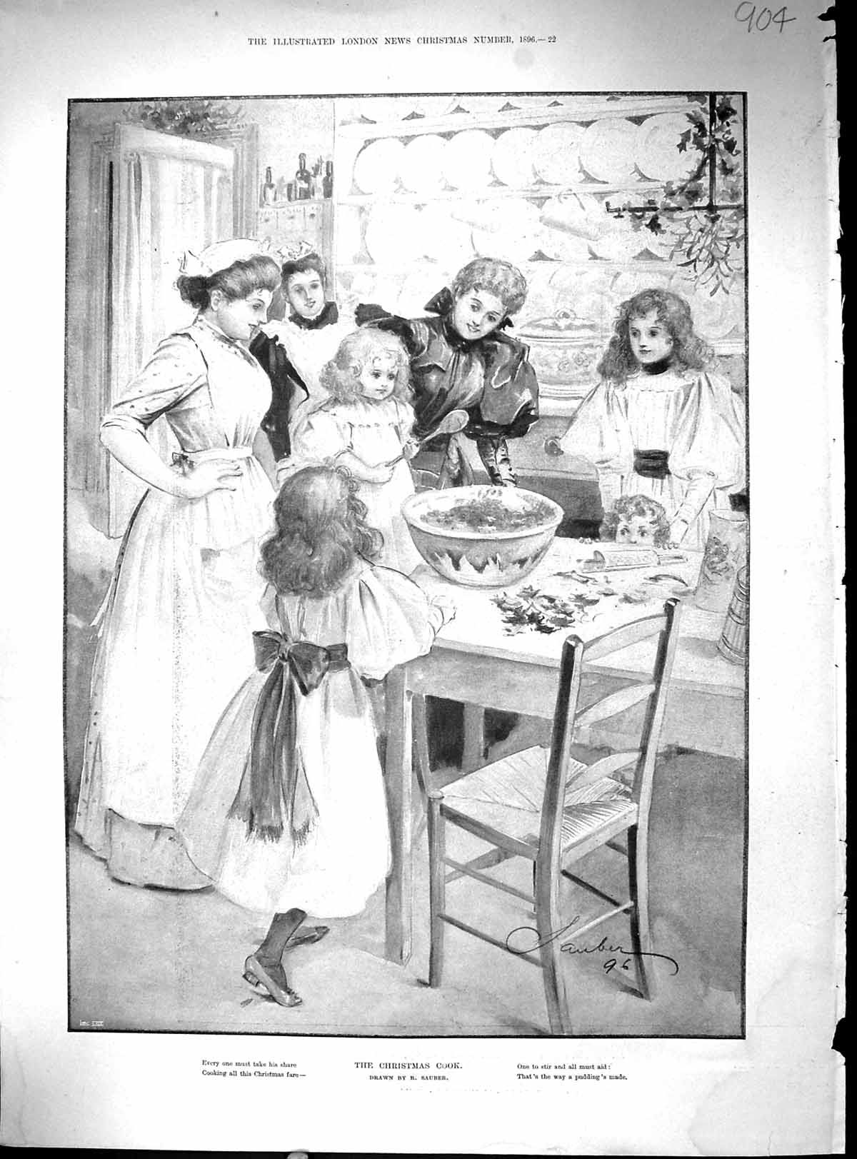 Antique Print 1896 Christmas Cook Dinner Table Children Family Holly Sauber