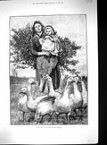 Original Old Antique Print 1884 Mother Little Girl Geese Birds Emslie Victorian
