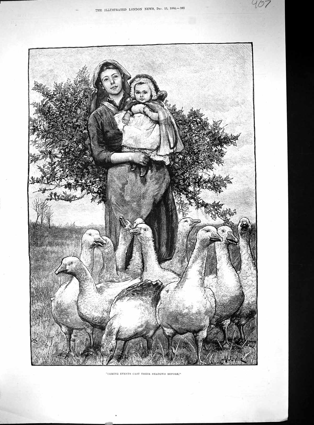 Original Old Antique Print 1884 Mother Little Girl Geese Birds Emslie Victorian