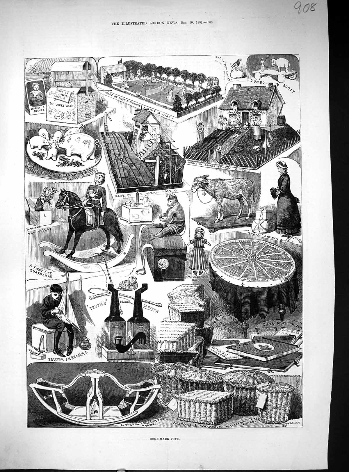 Antique Print 1882 Home-Made Toys Rocking Horse Magic Lantern Scott Franks 19th