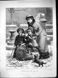 Antique Old Print Mother Children Bringing Home Yule Log Pet Dogs 1881 Loudan