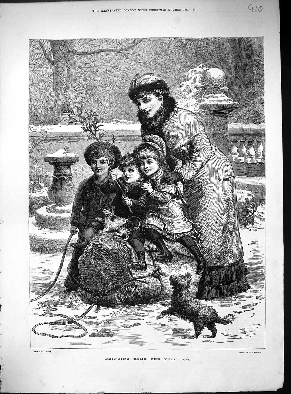 Antique Old Print Mother Children Bringing Home Yule Log Pet Dogs 1881 Loudan