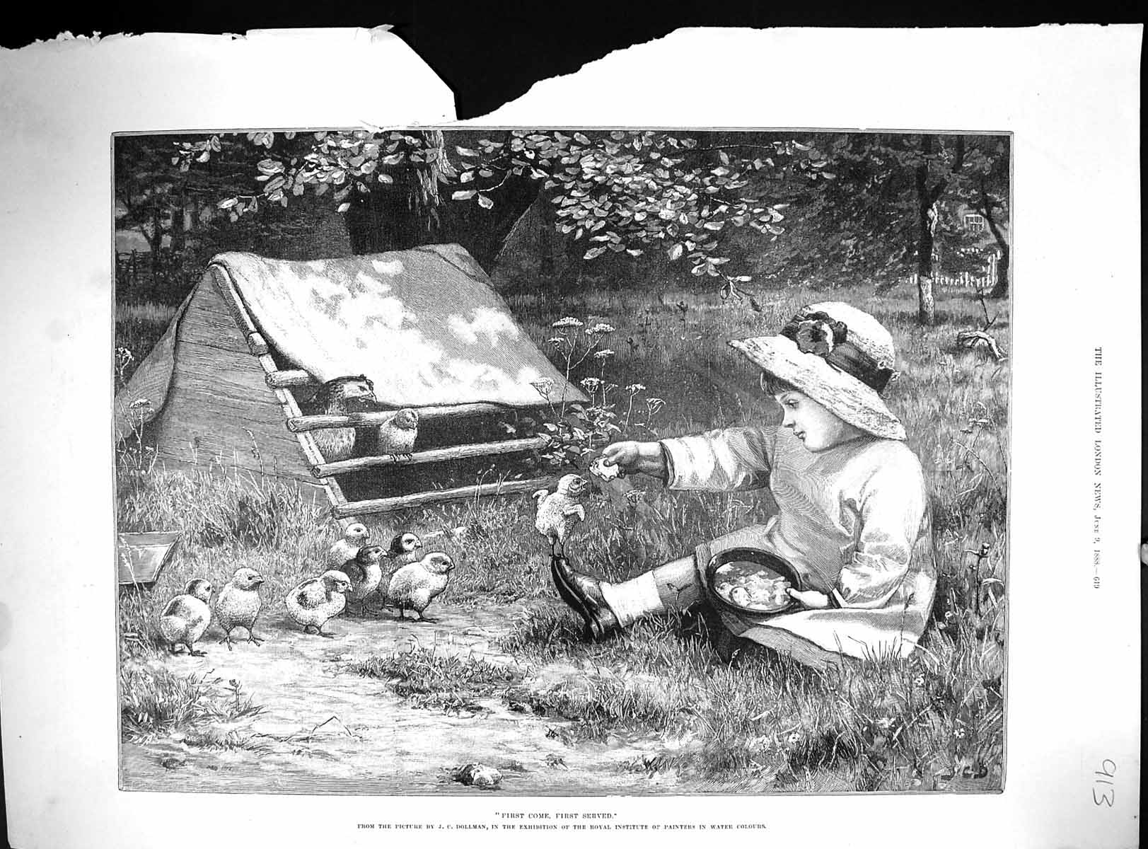 Antique Old Print 1888 Young Girl Feeding Chickens First Come Served Dollman