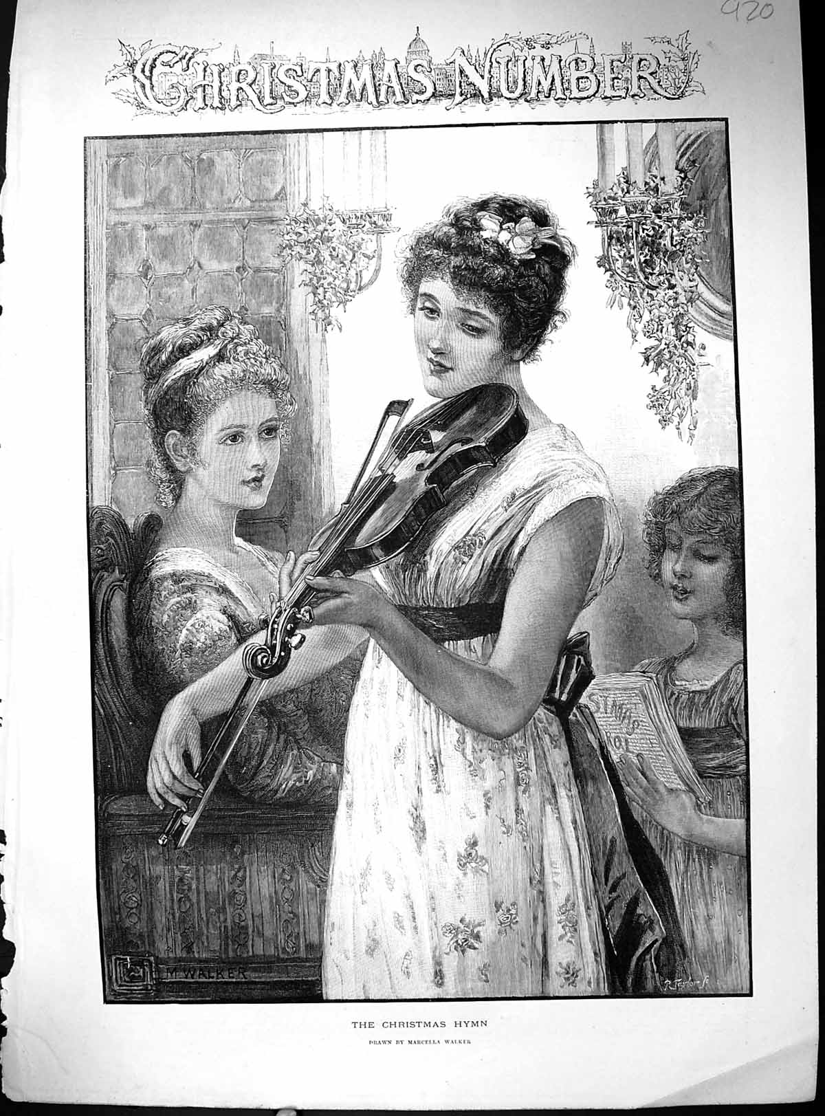 Antique Old Print Christmas Hymn Beautiful Woman Music Violin Girl Singing