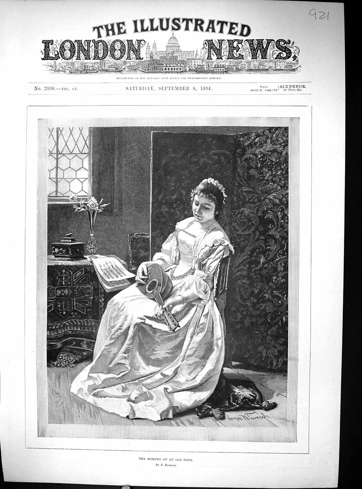 Original Old Antique Print 1894 Beautiful Woman Music Instrument Memory Song