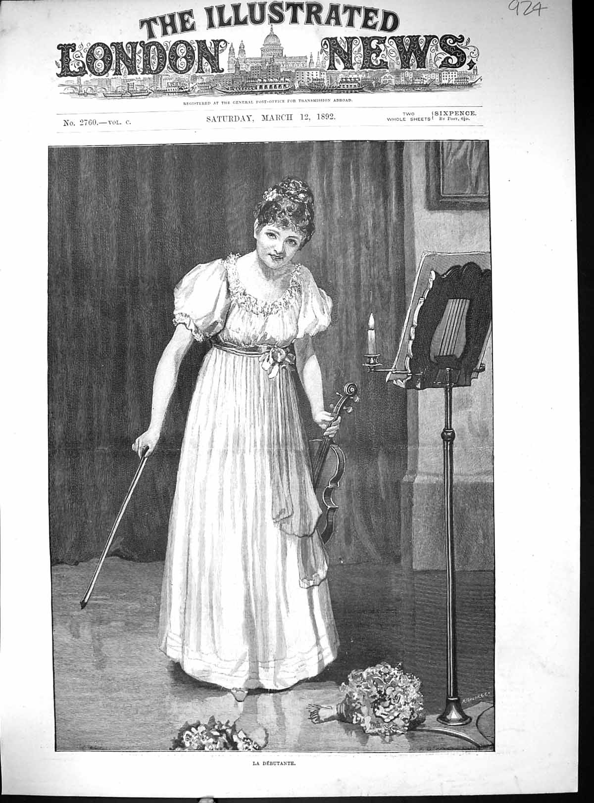 Original Old Antique Print 1892 Beautiful Woman Musical Debutante Music Violin