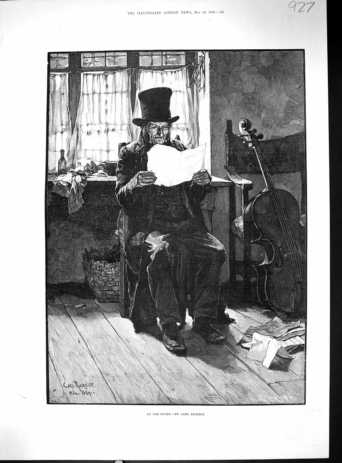 Antique Old Print 1886 Man Reading Letter Music Instrument Score Carl Rickelt