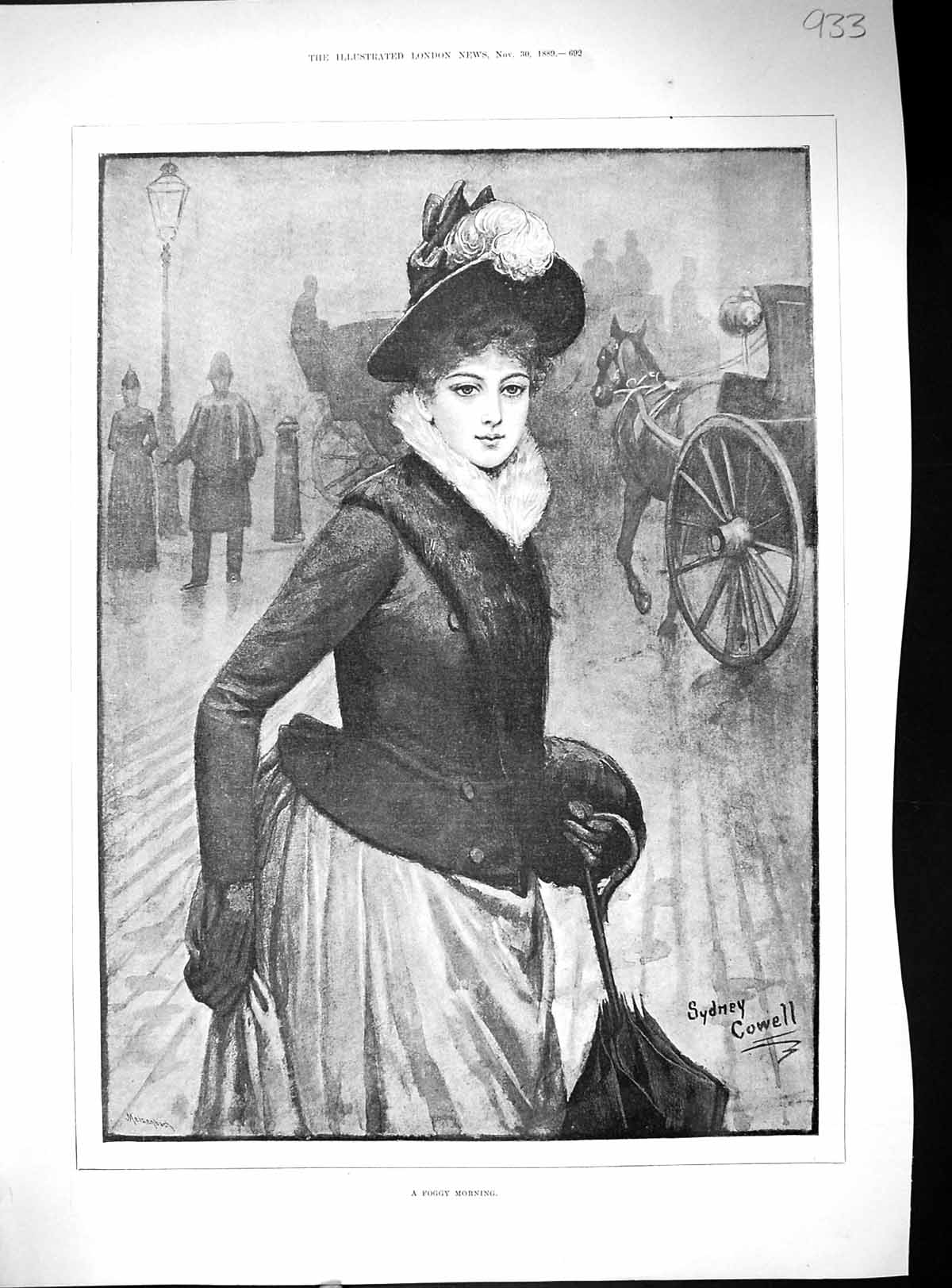 Old Antique Print 1889 Beautiful Woman Foggy Morning Street Scene Cowell 19th
