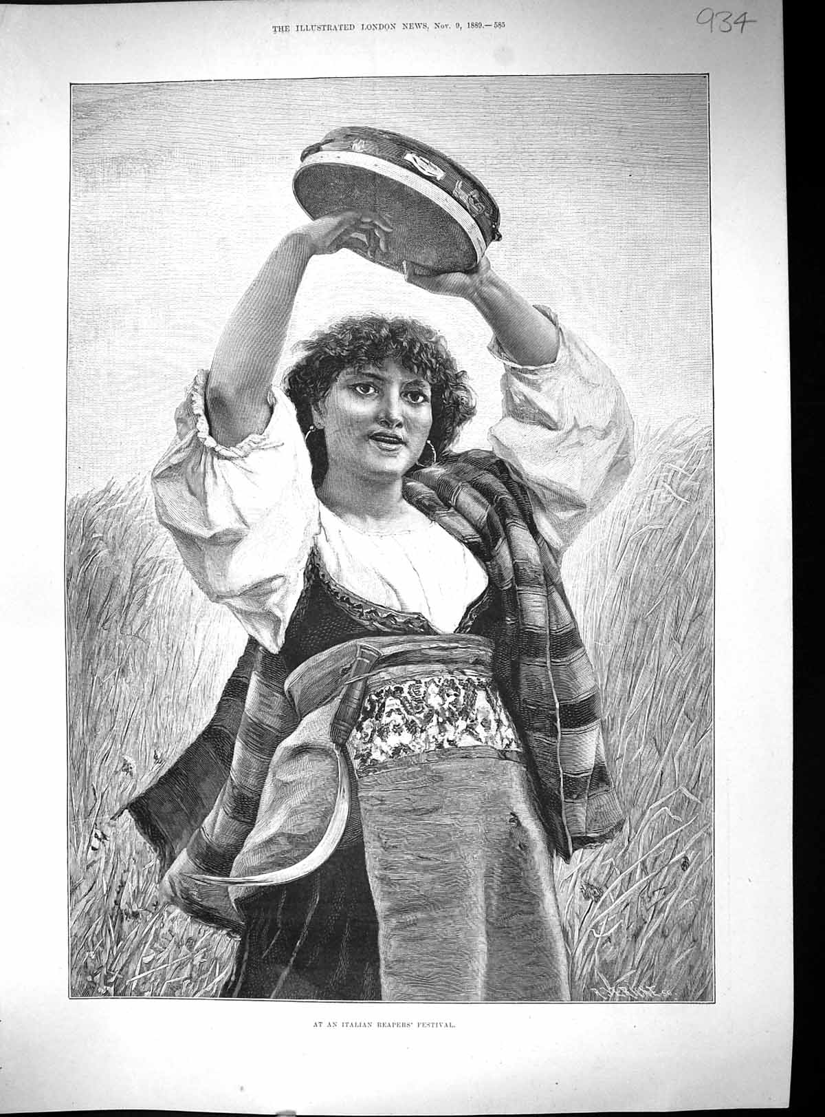 Original Old Antique Print 1889 Italian Reapers Festival Beautiful Woman 19th