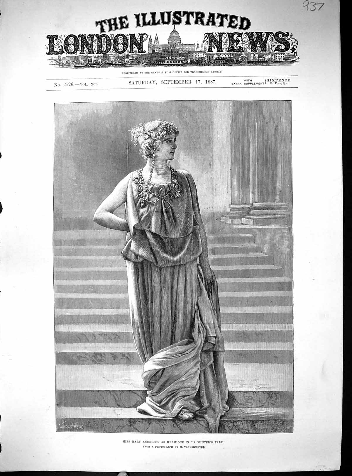 Old Antique Print 1887 Miss Mary Anderson Hermione Winter'S Tale Theatre 19th