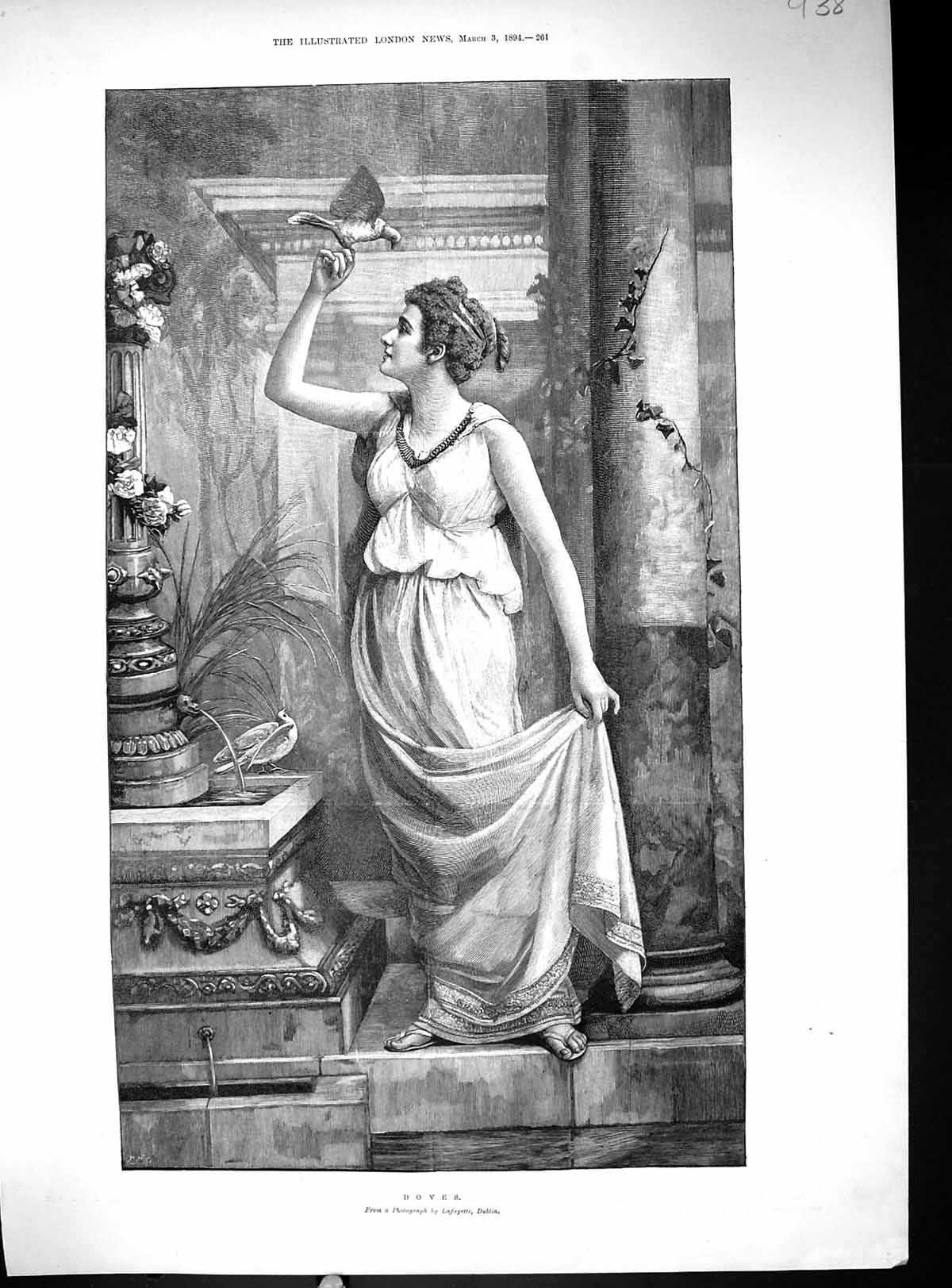 Antique Old Print 1894 Portrait Beautiful Woman Doves Birds Lafayette Dublin