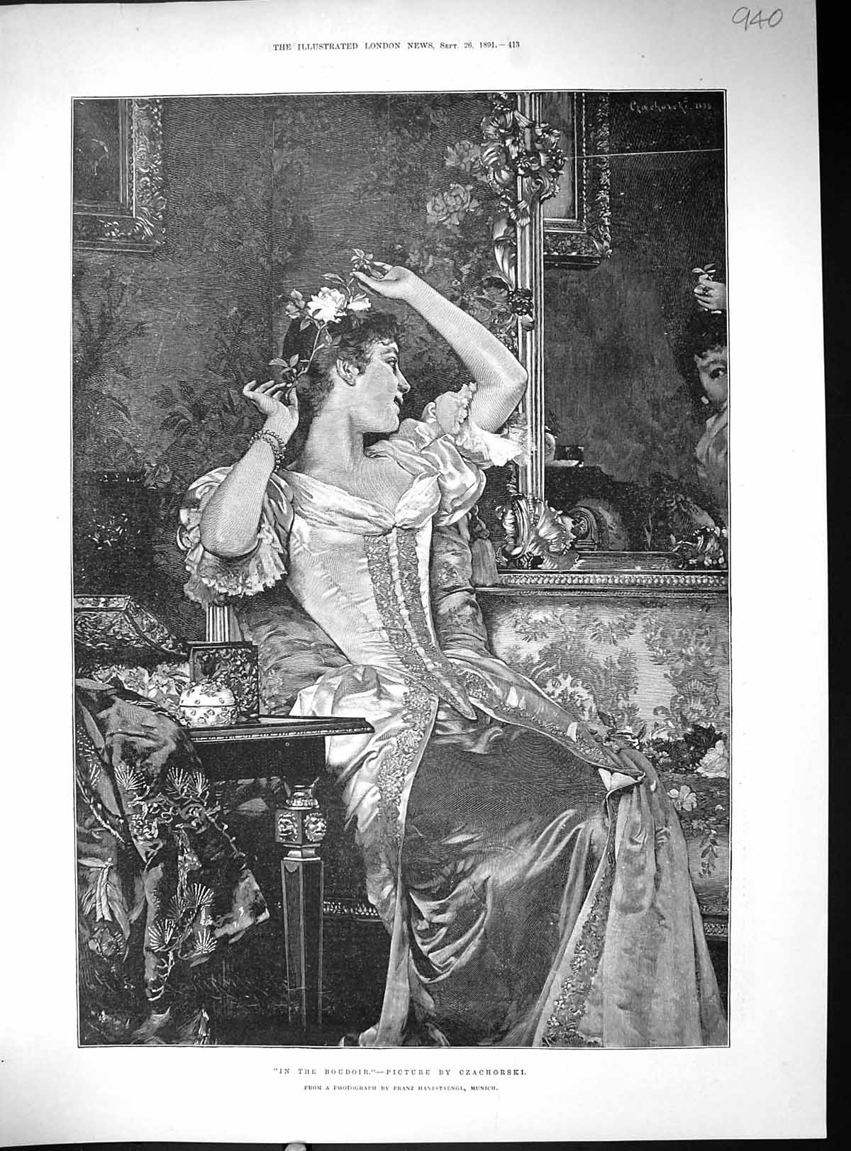 Antique Old Print Beautiful Woman Boudoir Bedroom Flowers 1891 Hanfstaengi 19th