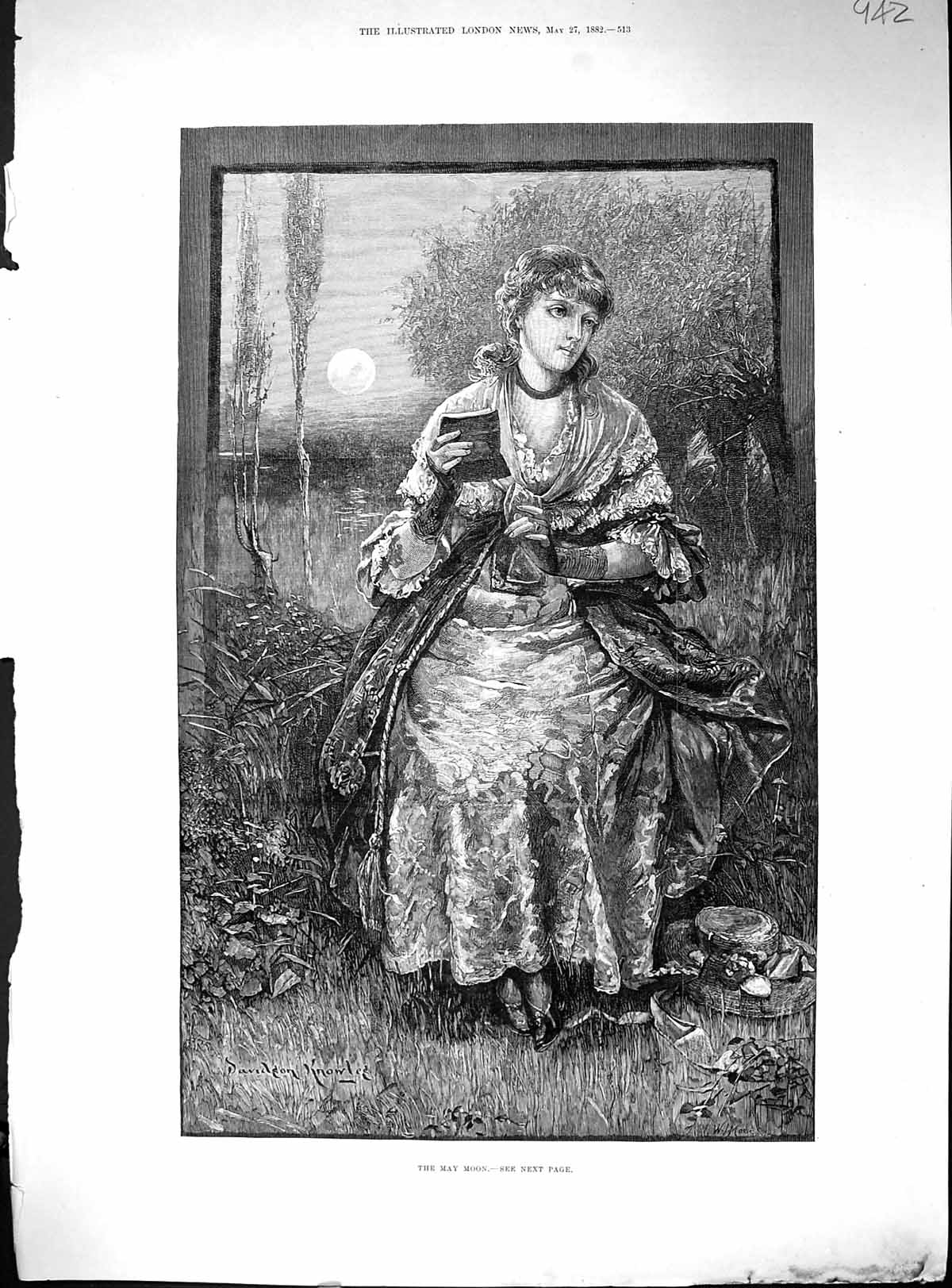 Antique Old Print Portrait Beautiful Woman May Moon Garden Scene 1882 Knowles