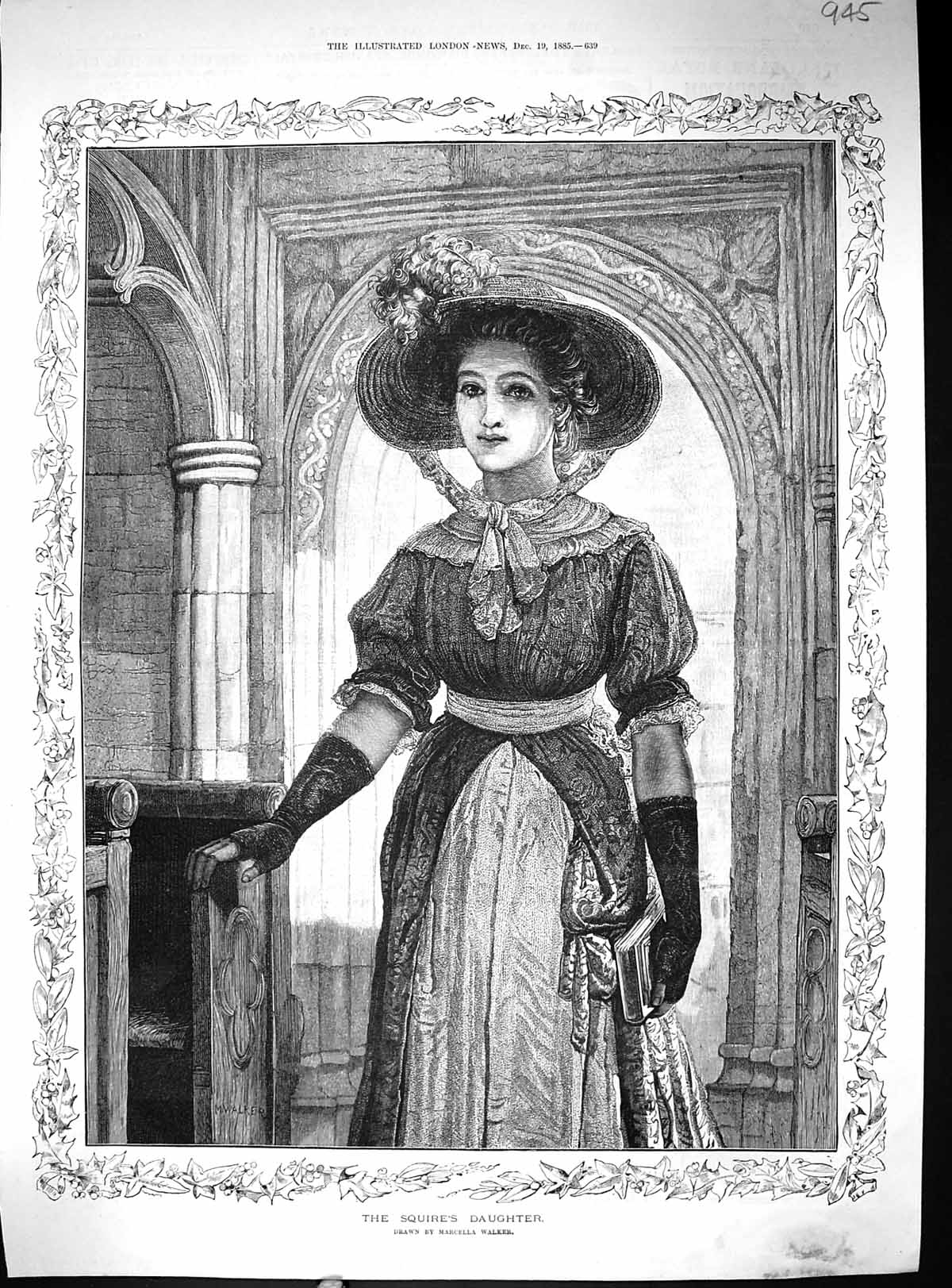 Antique Print Portrait Beautiful Woman Squire'S Daughter Church Scene 1885 19th