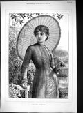Original Old Antique Print Portrait Beautiful Woman Garden Scene Parasol 1880
