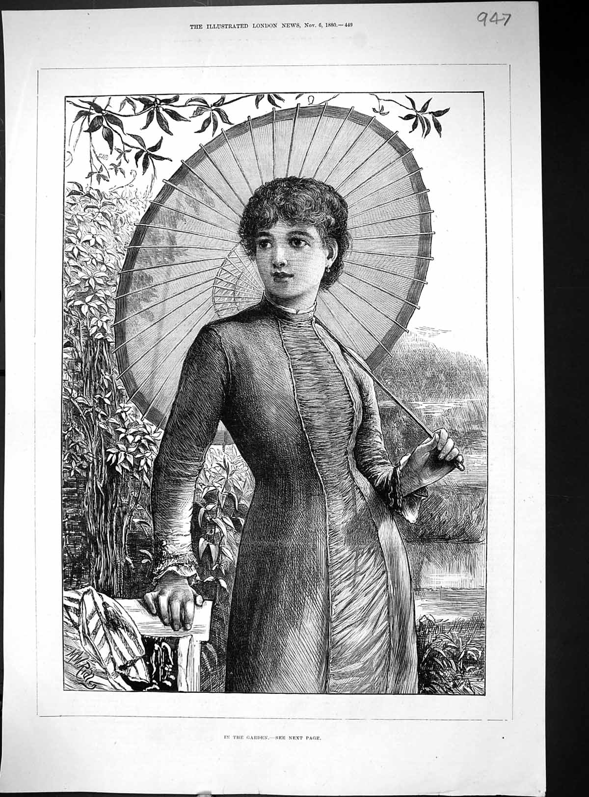 Original Old Antique Print Portrait Beautiful Woman Garden Scene Parasol 1880