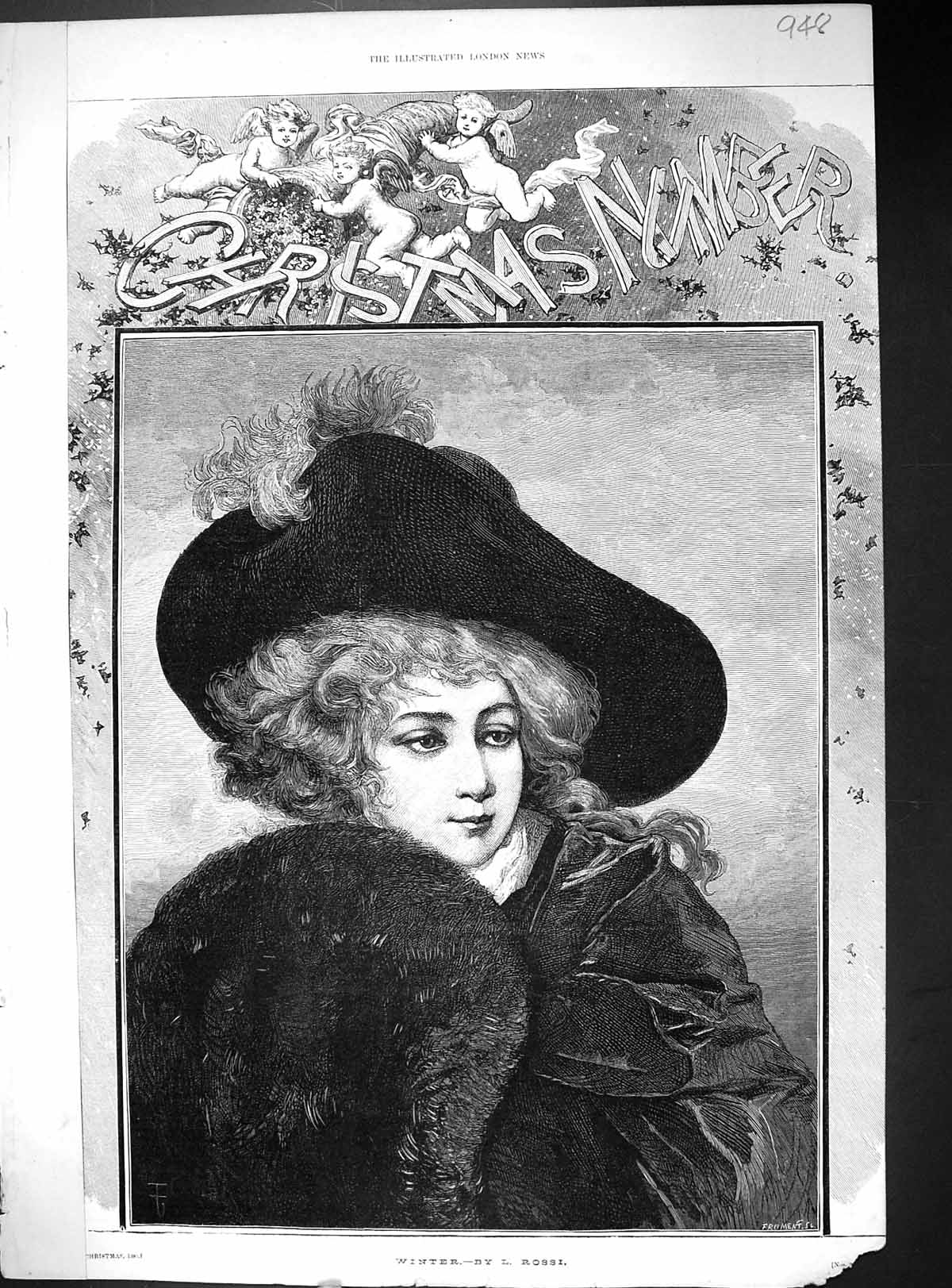 Original Old Antique Print 1880 Portrait Beautiful Woman Winter Fashion Rossi